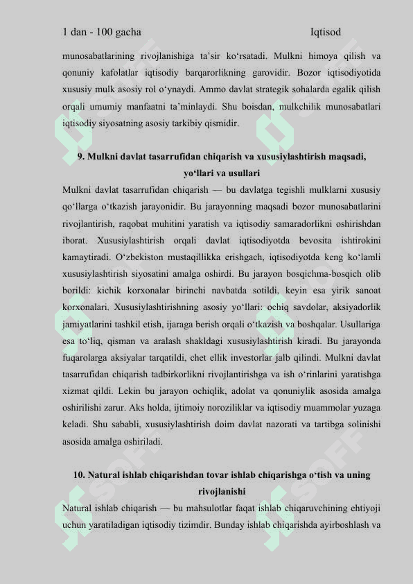 Iqtisodiyot  Yakuniy Davlat Attestatsiya Sinovi Savollari va Javoblari    IQTISODIYOT  TA’LIM YO‘NALISHI  FANIDAN YAKUNIY DAVLAT ATTESTATSIYA SINOVI SAVOLLARI   Иқтисодиёт давлат аттестатсия синови саволлари ва жавоблари    JAVOBLARI 6