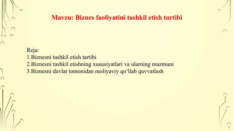 Biznes faoliyatini tashkil etish tartibi 1
