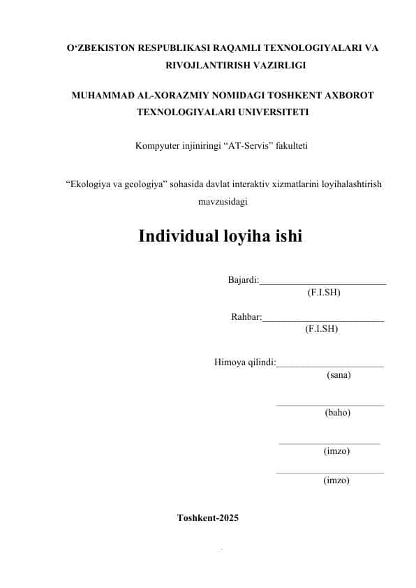 “Ekologiya va geologiya” sohasida davlat interaktiv xizmatlarini loyihalashtirish