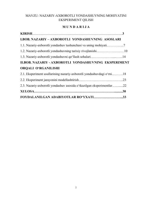 NAZARIY-AXBOROTLI YONDASHUVNING MOHIYATINI EKSPERIMENT QILISH