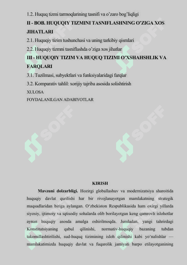 Hozirgi davrning huquq tizimi va huquqiy tizim mavzusida tayyorlangan KURS ISHI 2