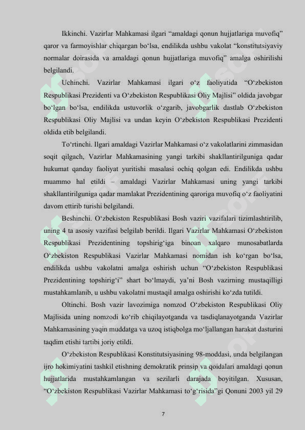 DEMOKRATIK DAVLATDA HOKIMIYATLARNING BO'LINISHI TAMOYILINING AMALGA OSHIRILISHI” mavzusi bo’yicha                         KURS  ISHI 7