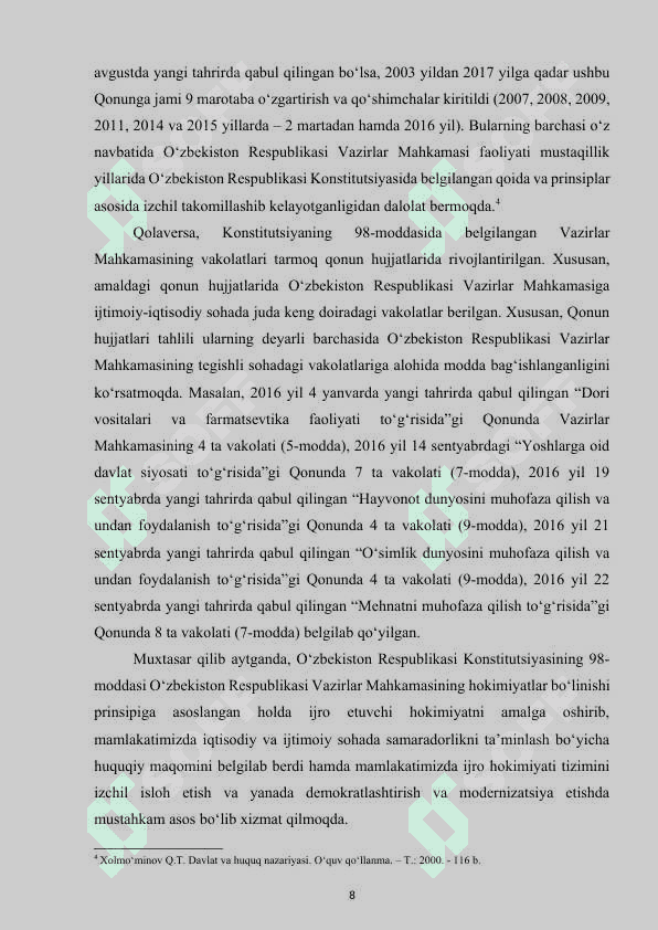 DEMOKRATIK DAVLATDA HOKIMIYATLARNING BO'LINISHI TAMOYILINING AMALGA OSHIRILISHI” mavzusi bo’yicha                         KURS  ISHI 8