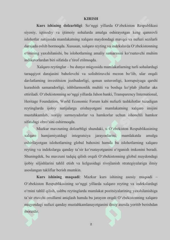 O‘ZBEKISTON RESPUBLIKASINING XALQARO REYTING VA INDEKSLARDAGI O‘RNI VA NUFUZINING ORTIB BORISHI 2