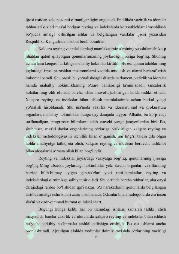 O‘ZBEKISTON RESPUBLIKASINING XALQARO REYTING VA INDEKSLARDAGI O‘RNI VA NUFUZINING ORTIB BORISHI 7