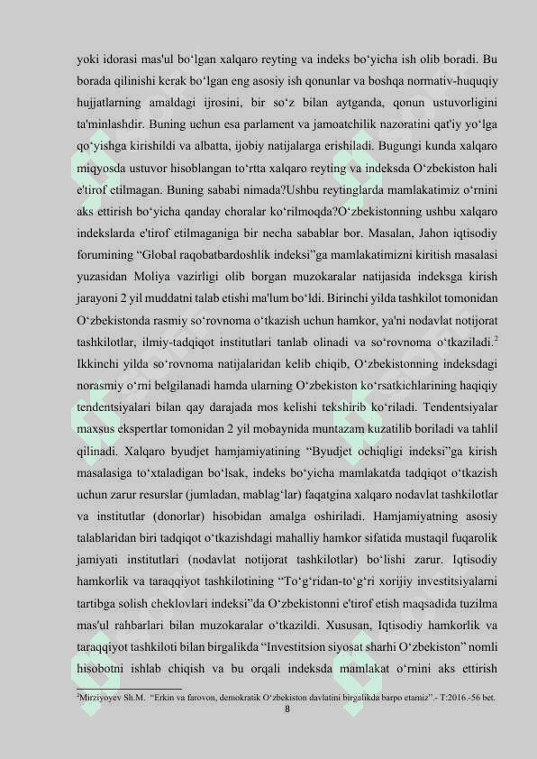 O‘ZBEKISTON RESPUBLIKASINING XALQARO REYTING VA INDEKSLARDAGI O‘RNI VA NUFUZINING ORTIB BORISHI 8