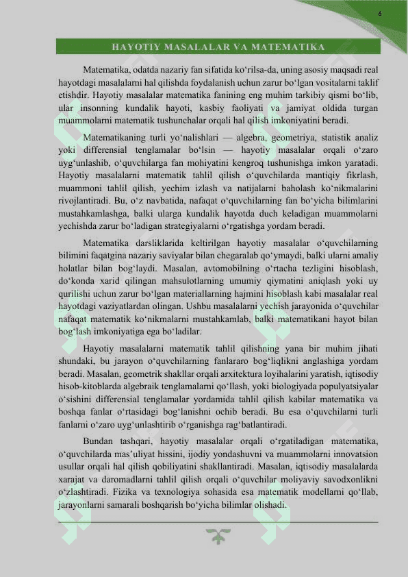 Matematika fanini hayotiy masalalar bilan bog‘lab tushuntirish metodikasi 6