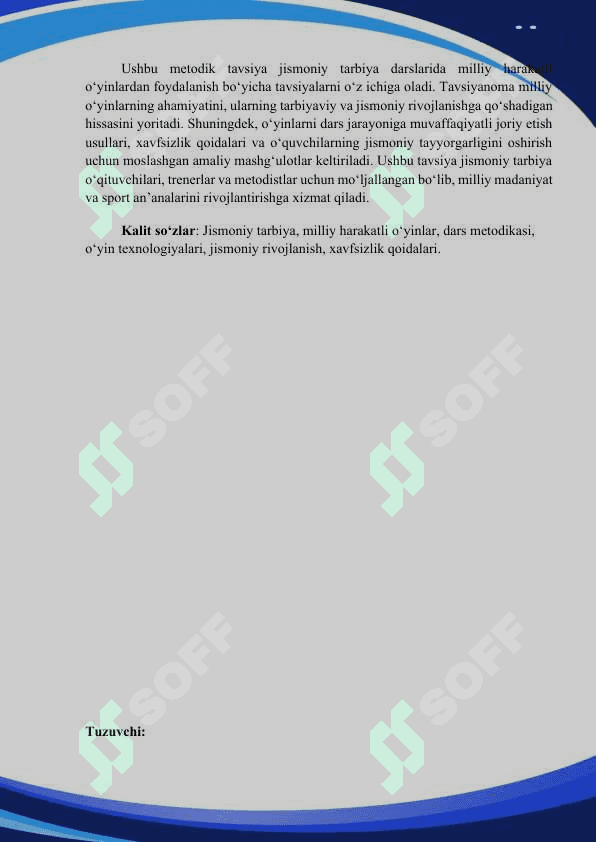 JISMONIY TARBIYA FANI DARSLARIDA MILLIY HARAKATLI O'YINLAR O'YNATISH METODIKASI 2
