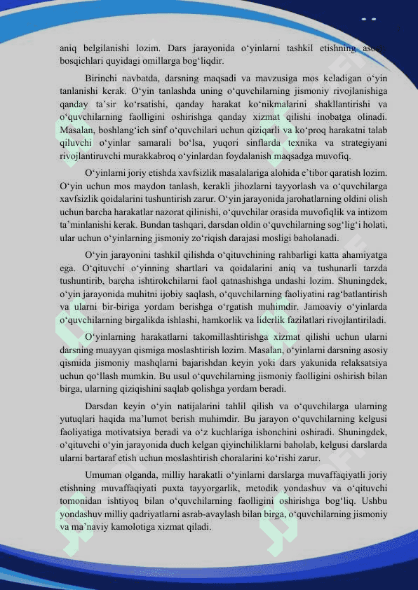 JISMONIY TARBIYA FANI DARSLARIDA MILLIY HARAKATLI O'YINLAR O'YNATISH METODIKASI 7