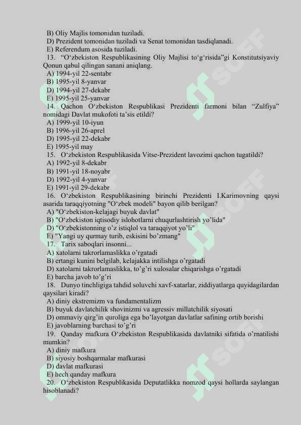 Tarix fanidan tayyorlagan testlar toʻplami 3