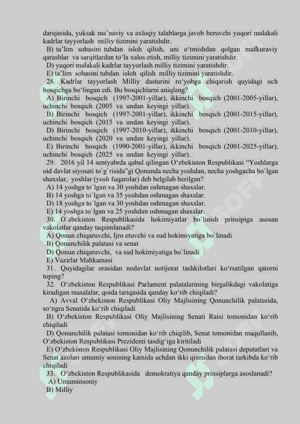 Tarix fanidan tayyorlagan testlar toʻplami 5