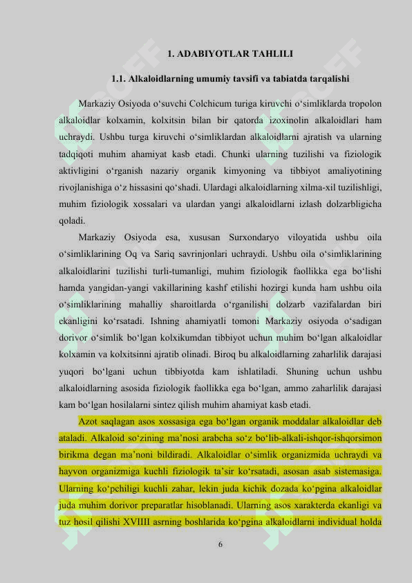 Alkaloidlarning umumiy tavsifi va tabiatda tarqalishi 6