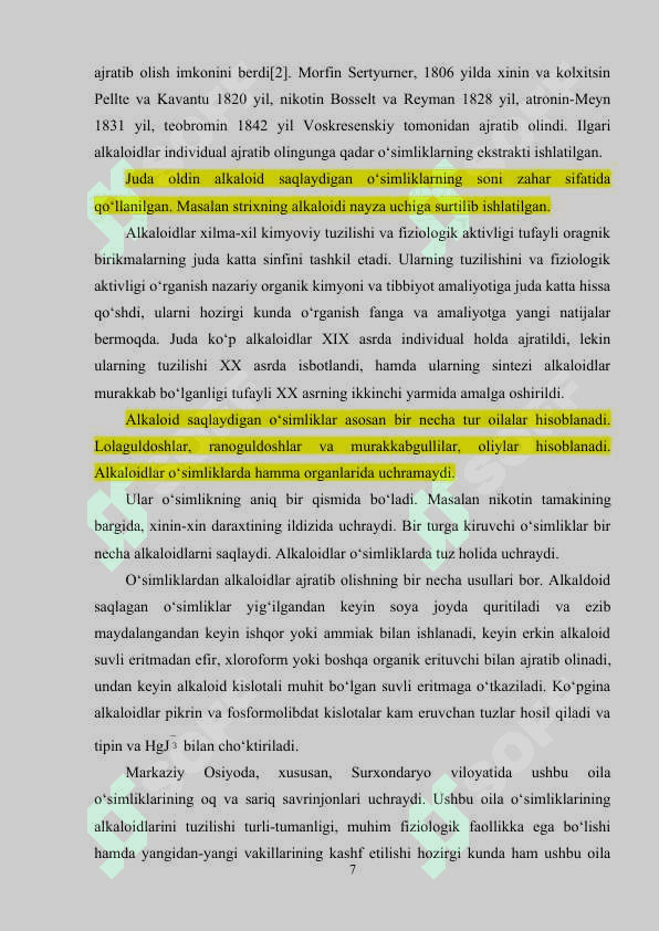 Alkaloidlarning umumiy tavsifi va tabiatda tarqalishi 7