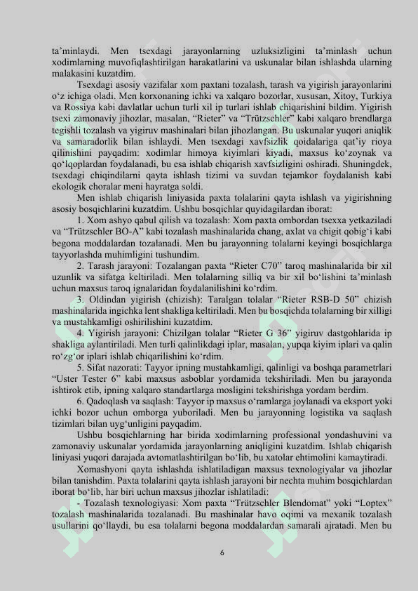 Amaliyot hisoboti Tekstil 6