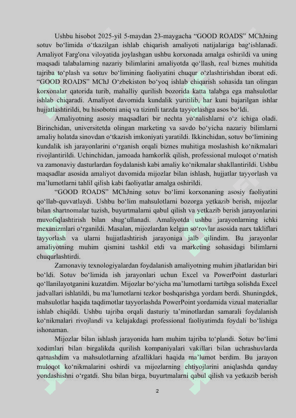 Amaliyot hisoboti Boyoq ishlab chiqaruvchi MCHJ 2