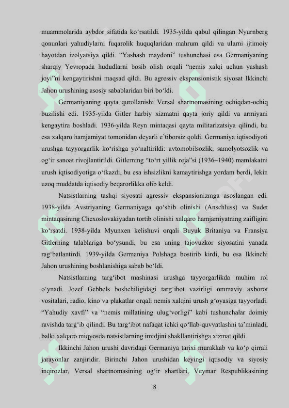 IKKINCHI JAHON URUSHI YILLARIDA GERMANIYA kurs ishi 8