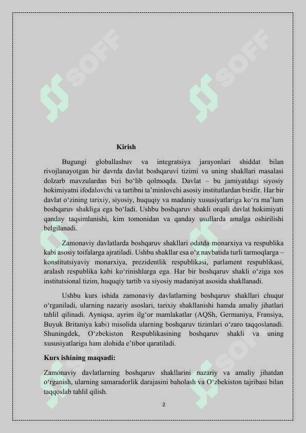 “ZAMONAVIY DAVLATLARNING BOSHQARUV SHAKLLARI ”  mavzusida tayyorlagan KURS ISHI 2