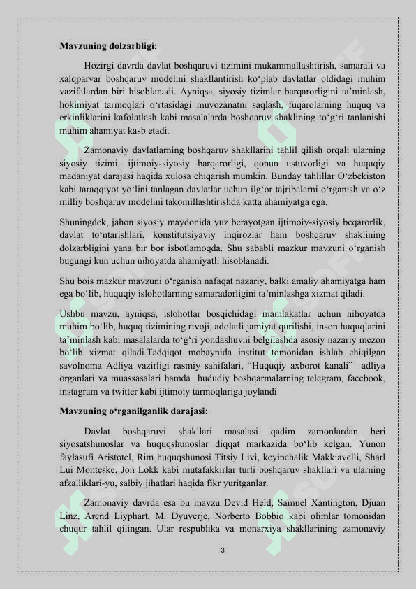 “ZAMONAVIY DAVLATLARNING BOSHQARUV SHAKLLARI ”  mavzusida tayyorlagan KURS ISHI 3