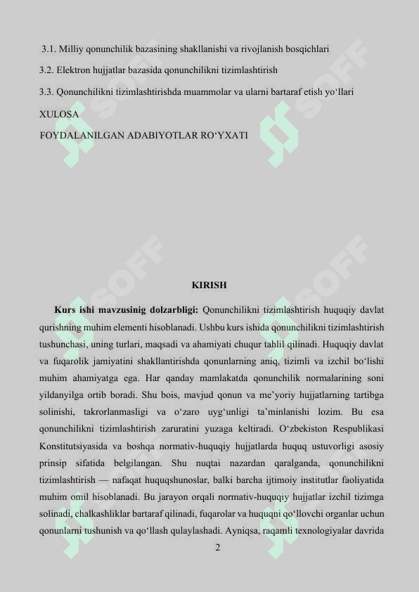 Qonunchilikni tizimlashtirish mavzusida tayyorlagan  KURS ISHI 2