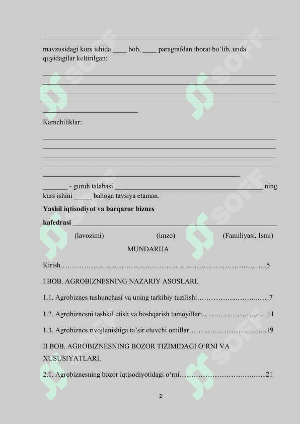 AGROBIZNES VA UNING TURLARI” MAVZUSIDA kurs ishi 2