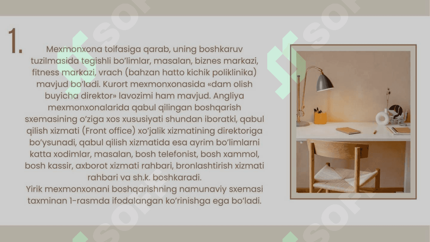 Mehmonxonlarda  xonalarni boshqarish tuzilmasi 2