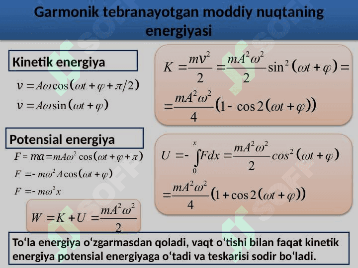 Garmonik tebranishlar. Tebranma harakat haqida tushuncha. Garmonik tebranishlarning tenglamasi. Titrahs. Tebranishlarni qo’shish. Tebranma harakat dinamikasi. Garmonik tebranma harakat energiyasi. 8