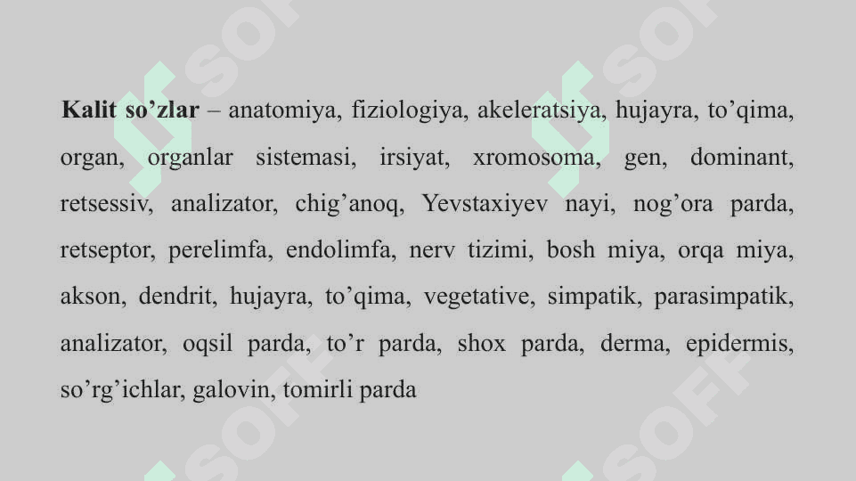 O‘sish va rivojlanishning umumiy qonuniyatlari. Organizm va muhit. Bolalar nerv tizimining tuzilishi, fiziologiyasi va gigiyenasi. Analizatorlarning yosh xususiyatlari va gigiyenasi 3