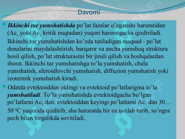 Po‘lat va boshqa qotishmalarga termik ishlov berish texnologiyasi. 7