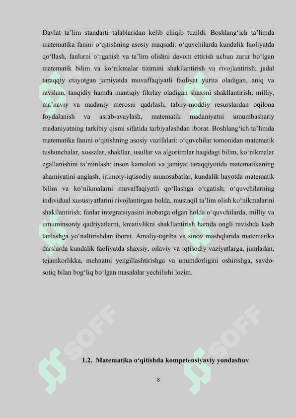 Boshlang‘ich sinflarda matematika o‘qitishda kompetensiyaviy yondashuv. O‘quv dasturi tahlili  (2-sinf) 8