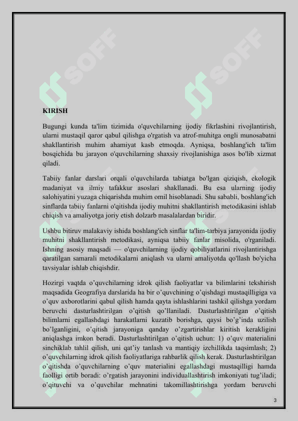 MAVZU: BOSHLANG‘ICH SINFLAR TA’LIM-TARBIYA JARAYONIDA IJODIY MUHITNI SHAKLLANTIRISH METODIKASI(TABIIY FANLAR MISOLIDA). 3