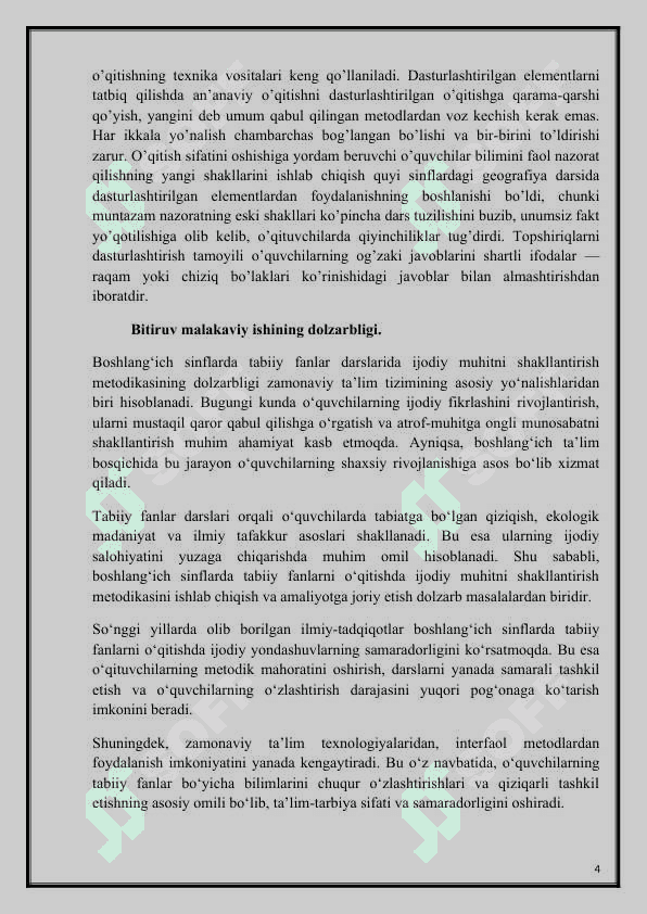 MAVZU: BOSHLANG‘ICH SINFLAR TA’LIM-TARBIYA JARAYONIDA IJODIY MUHITNI SHAKLLANTIRISH METODIKASI(TABIIY FANLAR MISOLIDA). 4
