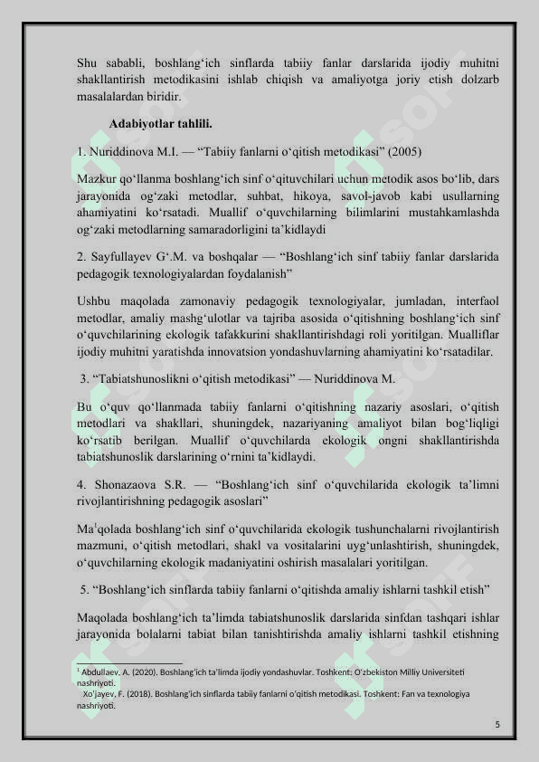 MAVZU: BOSHLANG‘ICH SINFLAR TA’LIM-TARBIYA JARAYONIDA IJODIY MUHITNI SHAKLLANTIRISH METODIKASI(TABIIY FANLAR MISOLIDA). 5