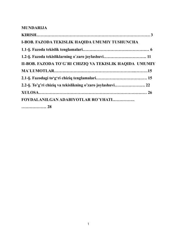 Fazoda tekislik va to`g`ri chiziqning o`zaro joylashuvi kurs 1