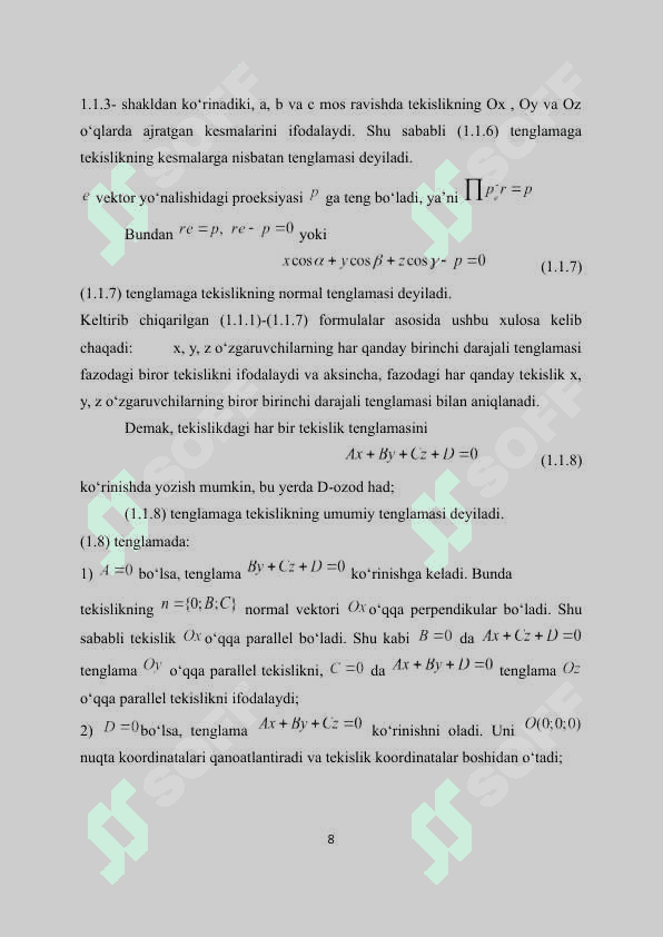 Fazoda tekislik va to`g`ri chiziqning o`zaro joylashuvi kurs 8