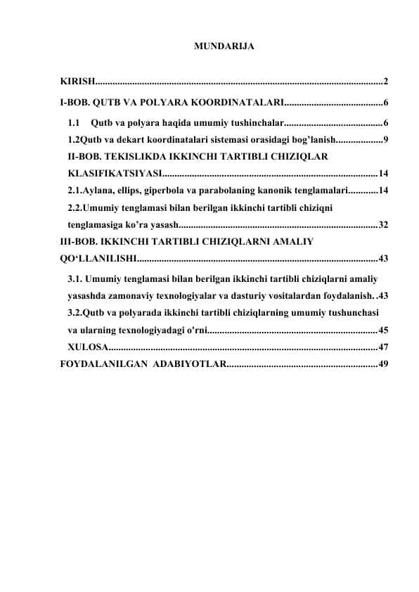 Qutb va polyara. Ikkinchi tartibli chiziqlar klassifikatsiyasi kurs ishi 1