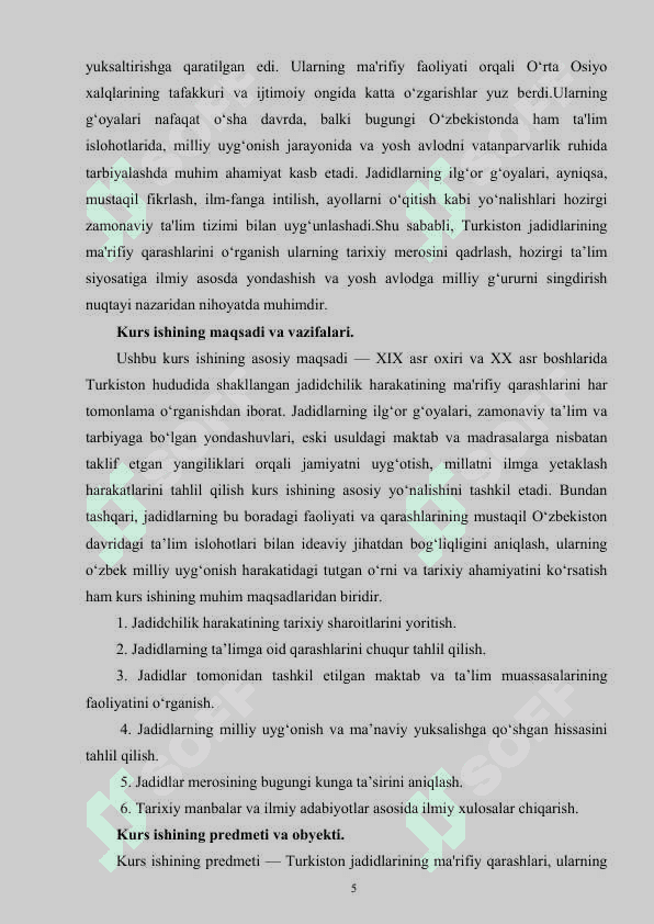 TURKISTON JADIDLARI VA ULARNING MA’RIFIY QARASHLARI  kurs ishi 3