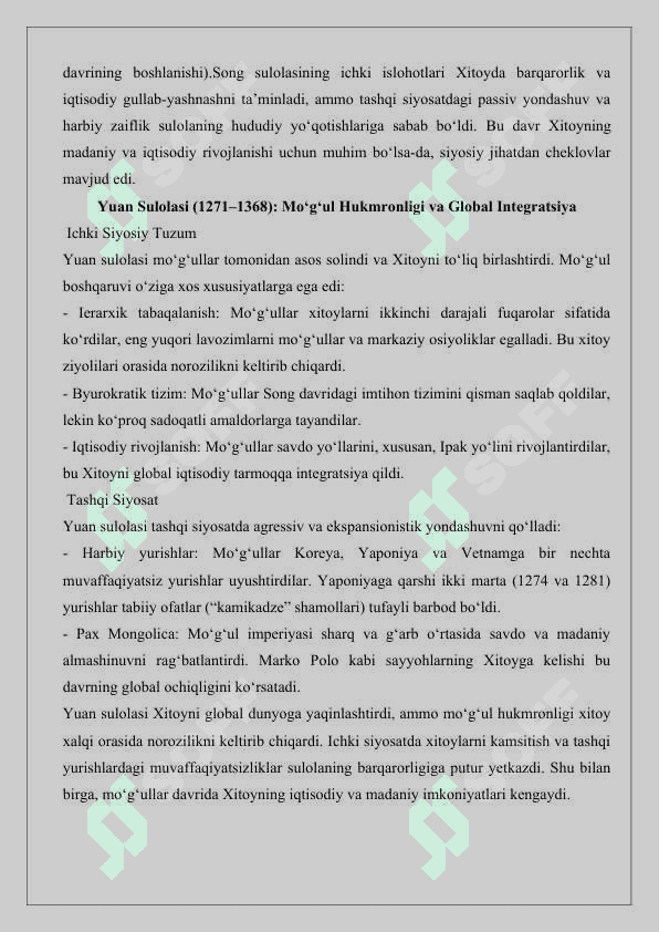 XI-XV asrlarda xitoyning siyosiy rivojlanishi va tashqi siyosati esse 25 2