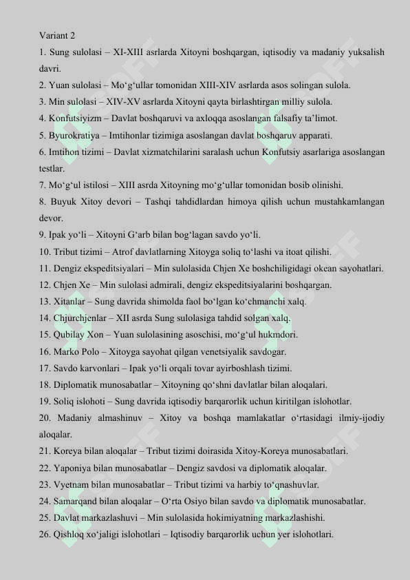 XI-XV asrlarda xitoyning siyosiy rivojlanishi va tashqi siyosati glossary 25 2