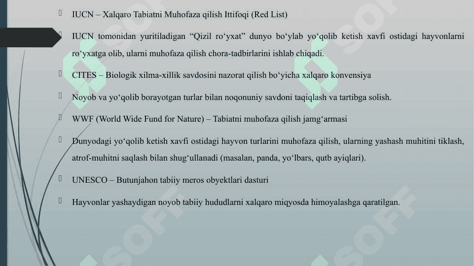 NOYOB VA YO'QOLIB BORAYOTGAN HAYVONLARNI ASRASHGA QARATILGAN DASTUR VA LOYIHALAR 3