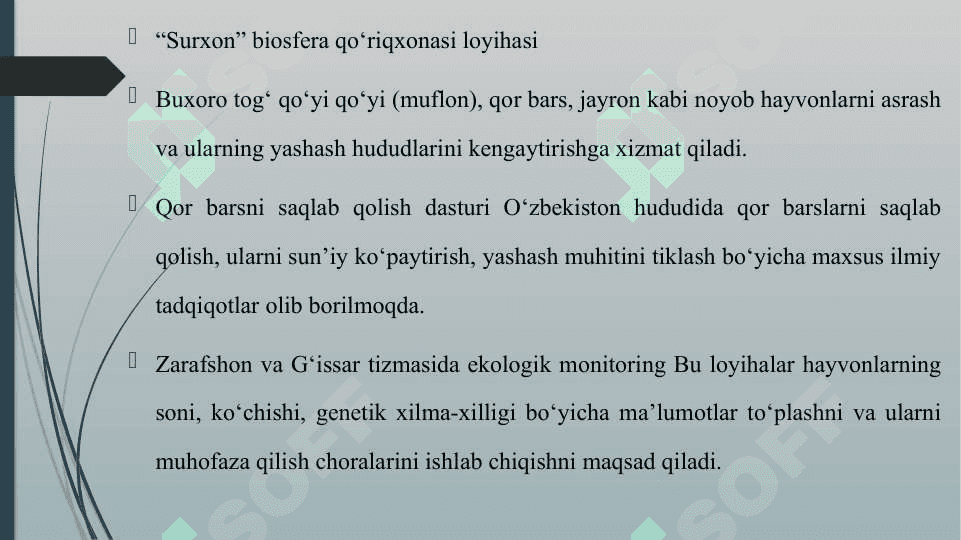 NOYOB VA YO'QOLIB BORAYOTGAN HAYVONLARNI ASRASHGA QARATILGAN DASTUR VA LOYIHALAR 5