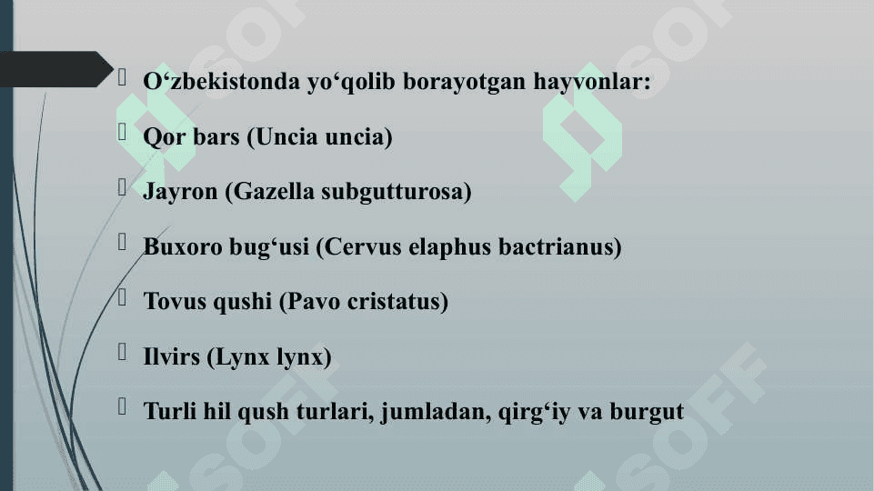 NOYOB VA YO'QOLIB BORAYOTGAN HAYVONLARNI ASRASHGA QARATILGAN DASTUR VA LOYIHALAR 8