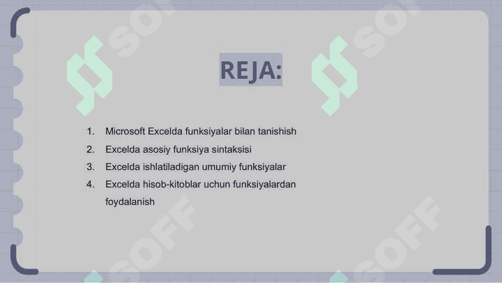 Microsoft Exsel dasturida funksiyalardan foydalanishning o’ziga xos xususiyatlari va usullari 2