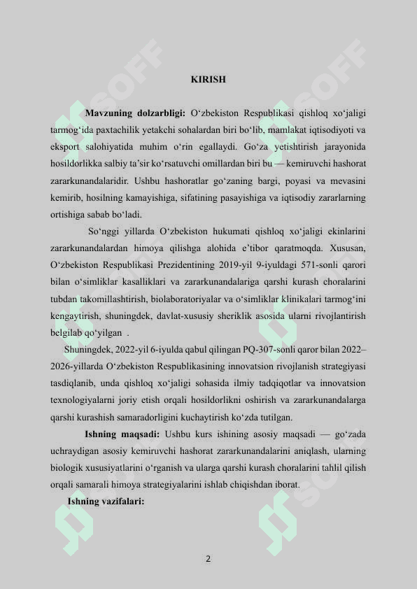 Go‘zaning asosiy kemiruvchi zararkunandalari va ularga qarshi kurash choralari kurs ishi 2