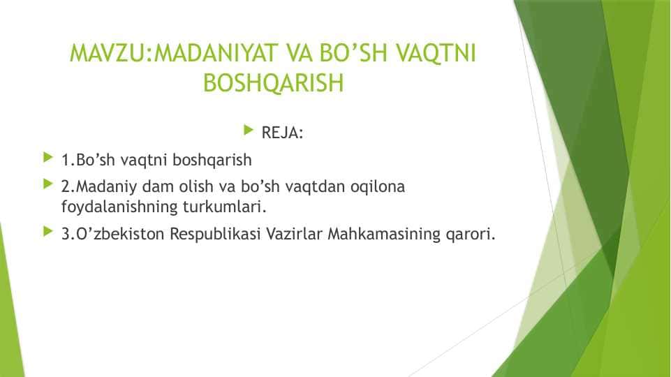 MADANIYAT VA BO’SH VAQTNI BOSHQARISH 1