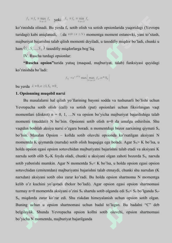 Evropa tipidagi opsion uchun to'lov modellari. Qimmatli qog'ozlar bozorining Koks-Ross-Rubnshteyn modeli. 3