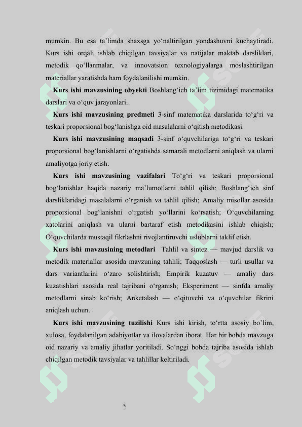3-sinfda to‘g‘ri va teskari proporsional bog‘lanishga doir masalalarni yechishni o‘rganish kurs ishi 5