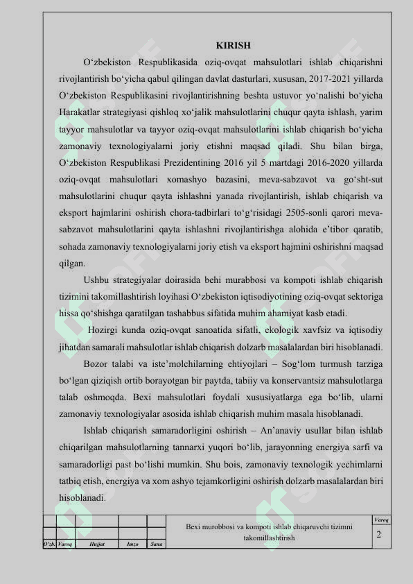 Bexi murobbosi va kompoti ishlab chiqaruvchi tizimni takomillashtirish 2