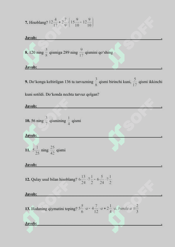 6-sinf matematika II-BoB uchun misollar 2