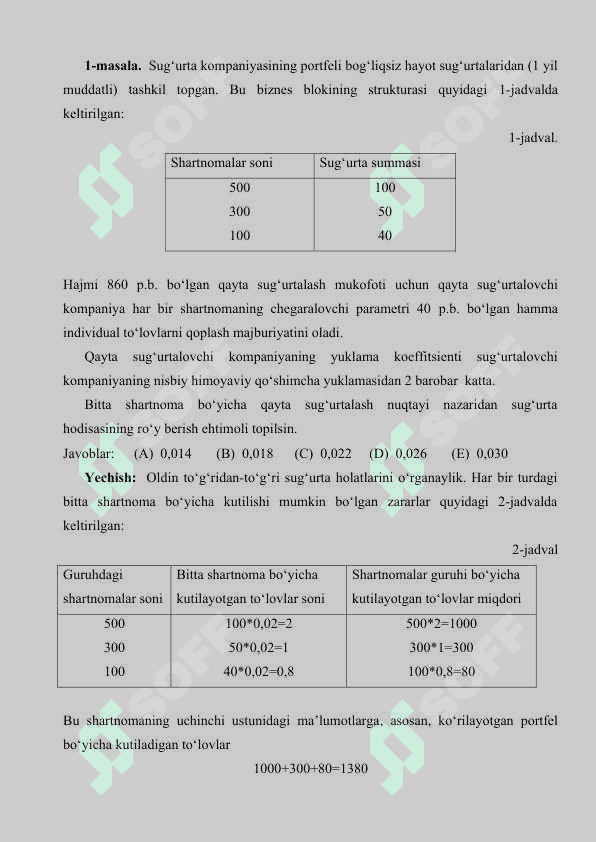Kvota-proporsional (ulushli) qayta sug'urtalashda aktuar hisoblar 7