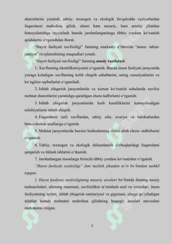 Hayot faoliyati xavfsizligi faniga kirish 3